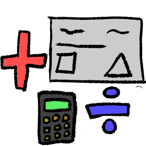 black outlines, in the top right a whiteboard with scribbles and shapes, in the top left is a red plus sign, below that is a dark grey calculator and to the right of that is a blue division symbol